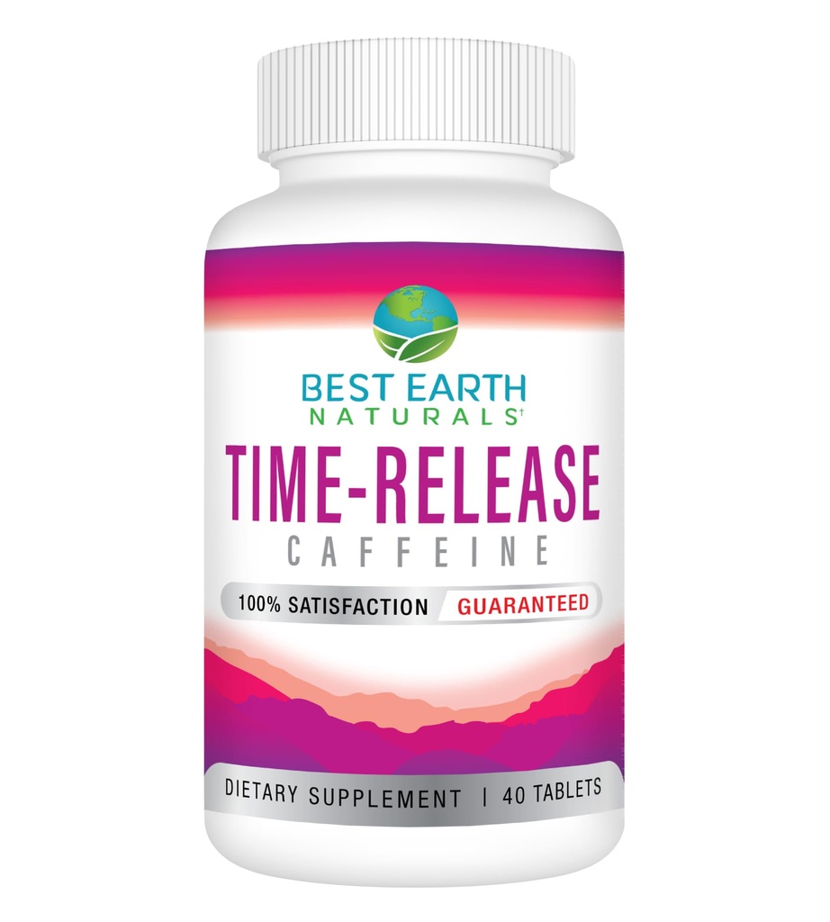 Best Earth Naturals Time release Kofein z L-tirozin, Vitamin B6, Vitamin B12, Tiamin & More - Energijski dodatek za ženske in moške - 40 Count