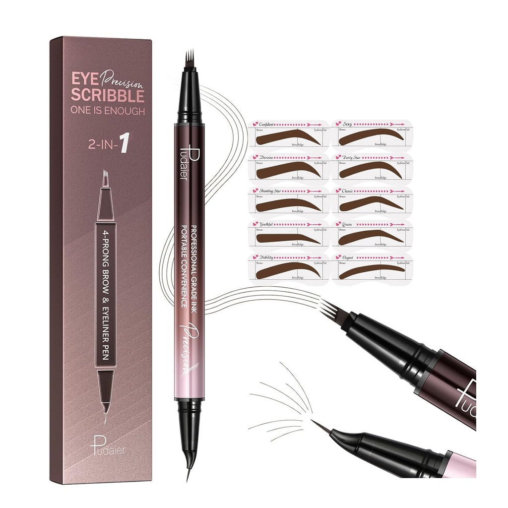 2-v-1 Curved Eyebrow Pen in Eyeliner z 10Pcs Brow Stencils, Microblading Eyebrow Pencil s 4 vilicami in Curved Natančni nasvet, vodoodporne in dolgotrajne oči svinčniki za ženske, temno rjava