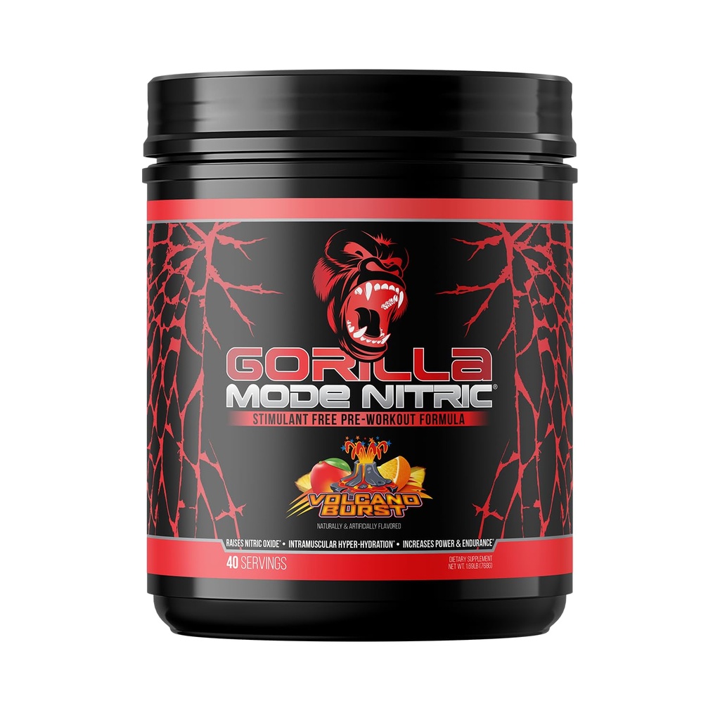 Gorila Mind - Gorila mode Nitrična nadgrajena Stimulant Free Pre-Workout – Najboljši okus in najučinkovitejši Stimulant prost Pred-Workout / Masivne črpalke · Vazodilatacija · Moč / 768 Grams (Volcano Burst)