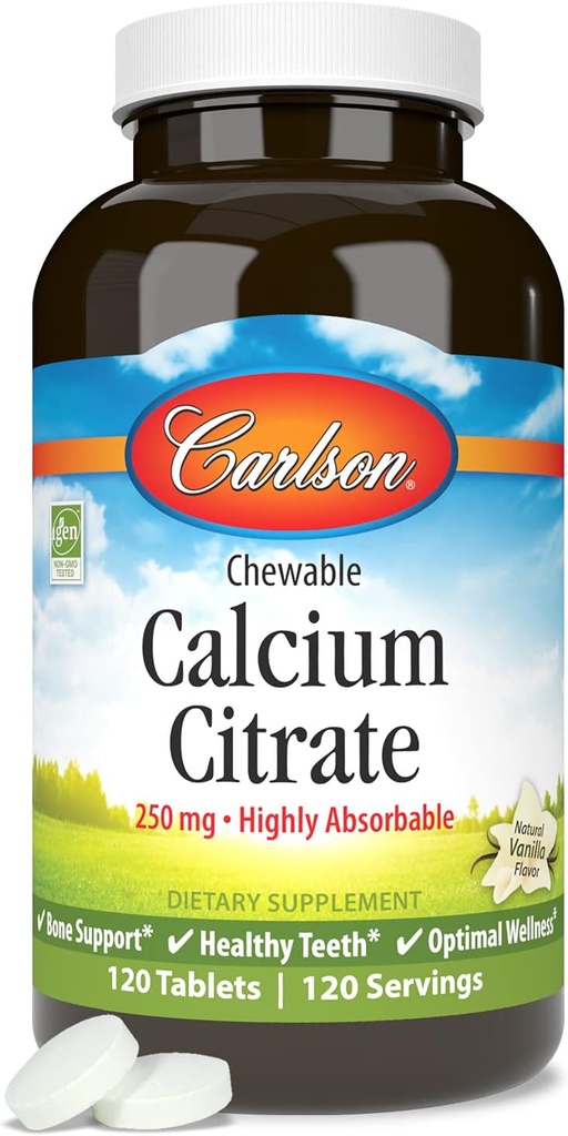 Carlson - Žvečljivi kalcijev citrat, 250 mg, zelo absorbira, podpora kostem, zdravi zobje in optimalna Wellness, naravna aroma vanilije, 120 tablet