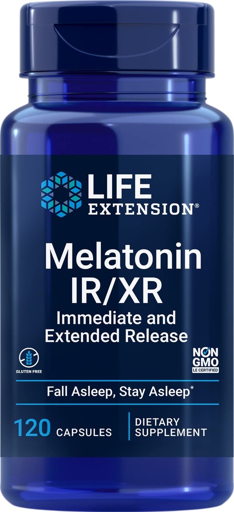 Life Extension Melatonin IR/XR 120 Kapsule - takojšnja in 7-urna podaljšana sprostitev - Dodatek za nočni čas - Podpira bivanje v spanju - Ne-GMO, Gluten-free