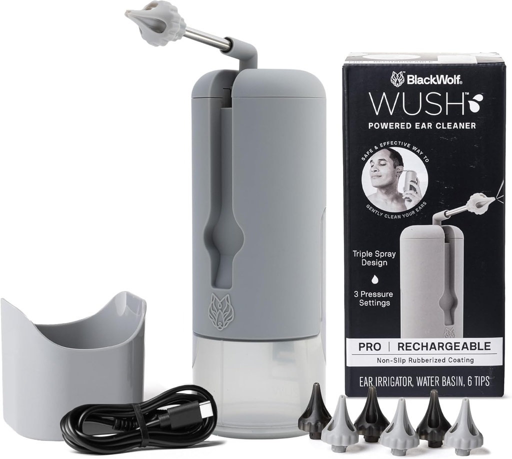 Wush Pro by Black Wolf - Original Deluxe Water Powered Ear Cleaner s 6 Nasveti za večkratno zamenjavo Black Wolf - Varno in učinkovito za uho Wax Buildingup - Electric Ear Wax Odstranjevalni komplet (Grey)