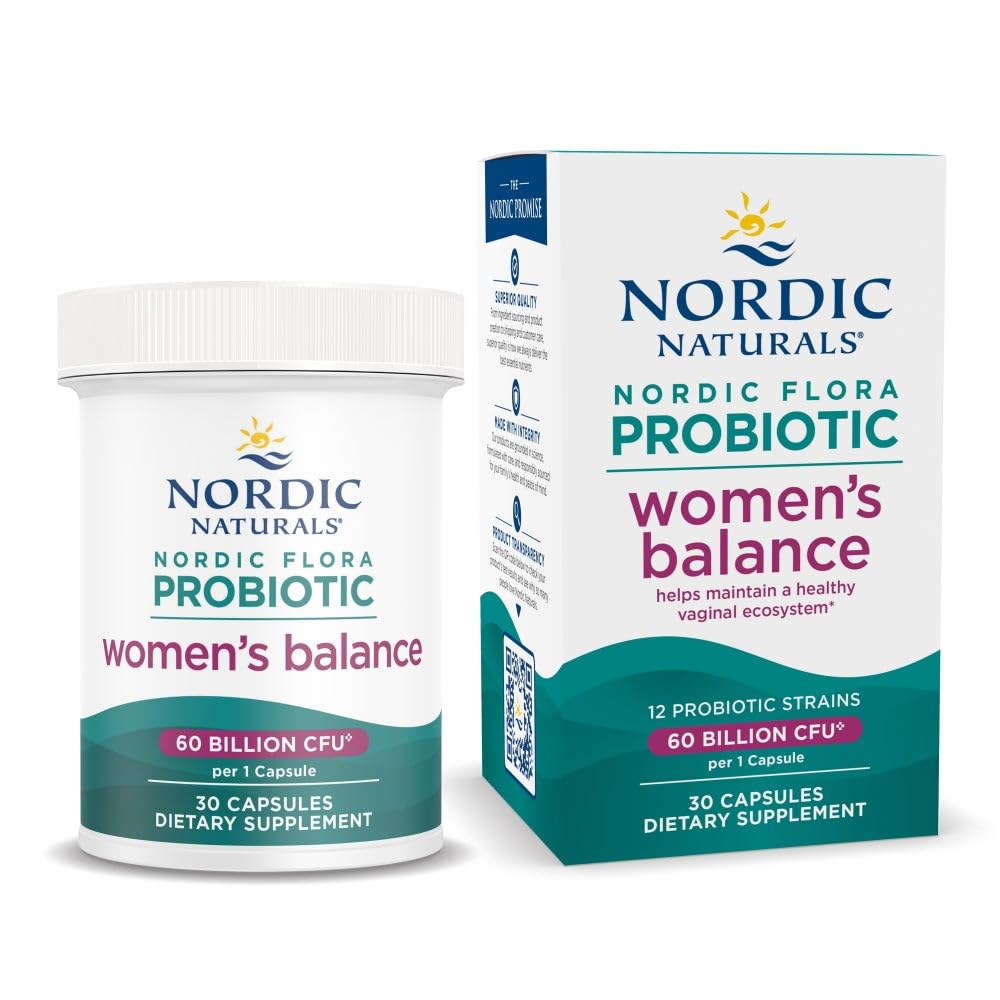 Nordic Naturals Nordic Flora Probiotic Women's Balance - 30 kapsul - 12 probiotičnih sevov s 60 milijardami kultur - Intestinalna podpora, Vaginalno zdravje - Vegan - 30 služabnikov