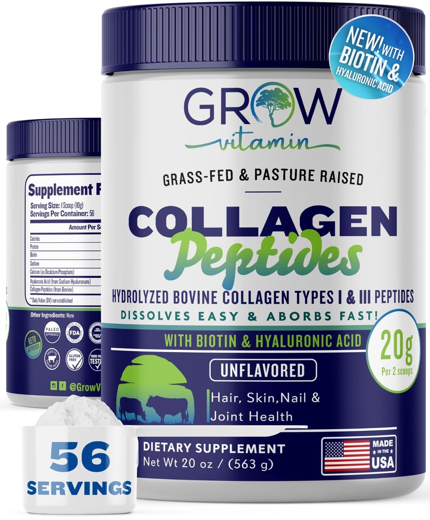 Kolagen peptides Powder 20g s hialuronsko kislino in biotin - nearomatizirana travnata kolagenska praška s hidroliziranimi dodatki kolagena tipa I in III - las, nohtov, kože in sklepov - 56 servingov