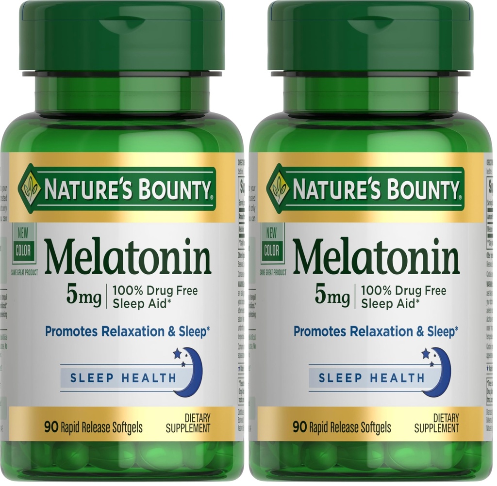 Bounty melatonin narave, 100% brez drog pomoč za spanje, prehransko dopolnilo, spodbuja sprostitev in spanje zdravje, 5mg, 90 Softgels (Pack z 2)