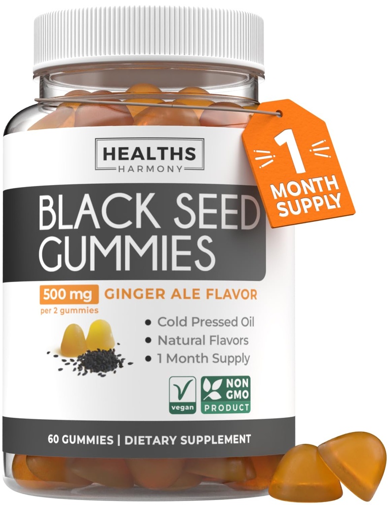 Olje črnega semena Gumies - Naravna ingver Ale Flavor (Nen-GMO & Vegan) Hladno Presed Nigella Sativa proizvaja čisto olje črnega kumina - 500mg na 2 Gummy Serving