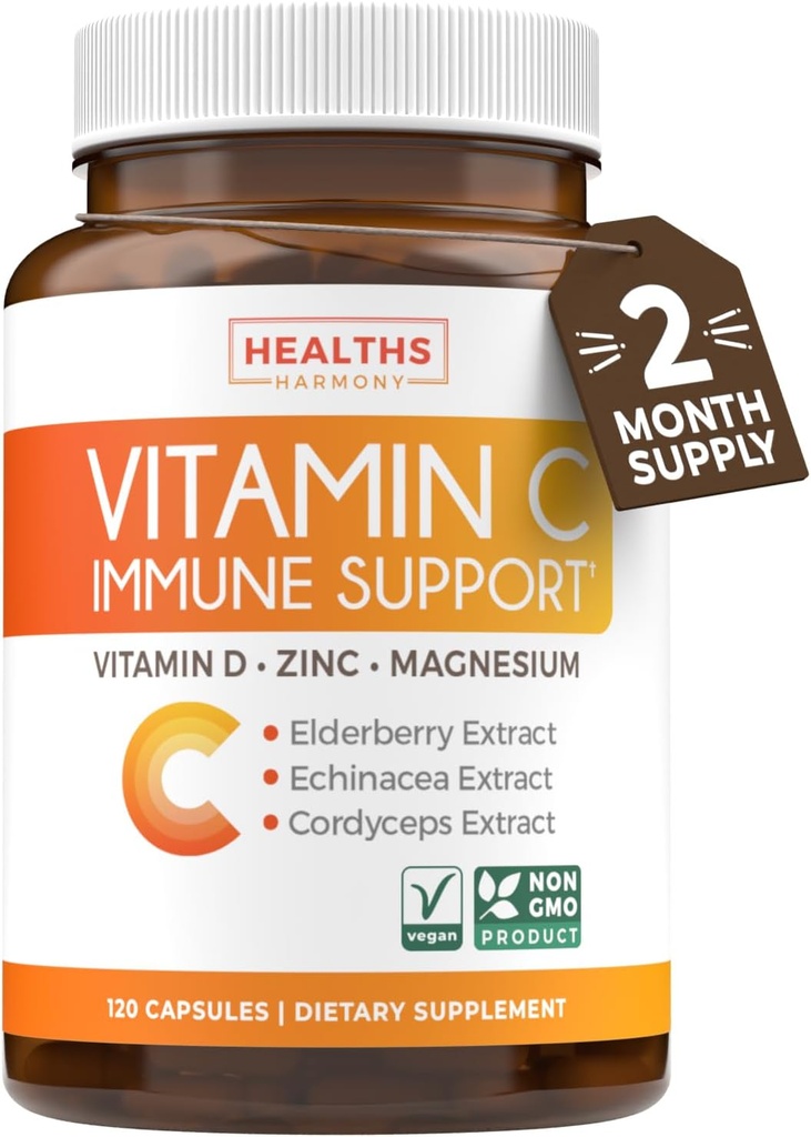 Vitamin C Imunska podpora dopolnilo - Imune Boost mešanica z bezgavk Vitamin C in cink za dnevno in sezonsko podporo - Magnezijev cink VIT C & D in zeliščni obrambni kompleks (2 meseca dobave)