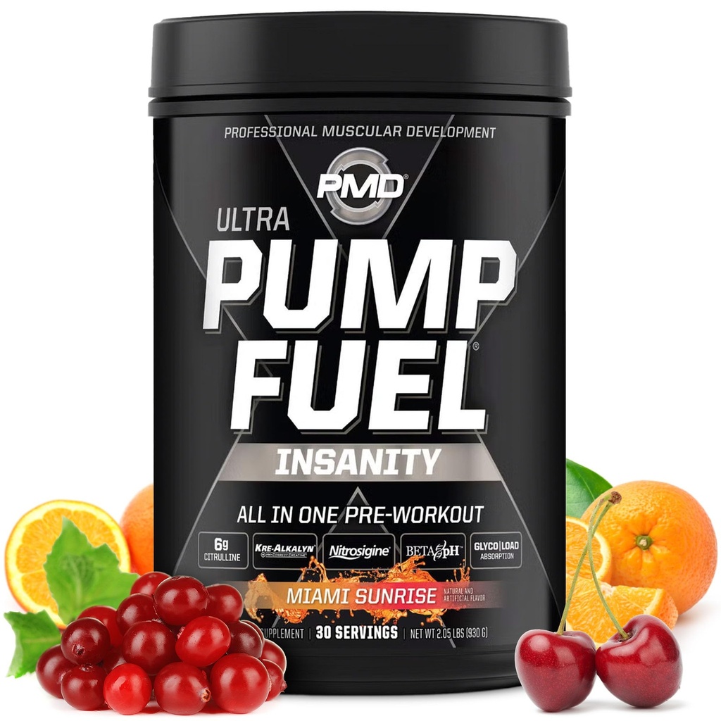 PMD Sports Pump Fuel Ultra Insanity - Premium Pre Workout Powder & Muscle Pump, Greater Focus, Endurance & Recovery, Premium Creatine, Arginine & Beta Alanine - Miami Sunrise (30 Servings)