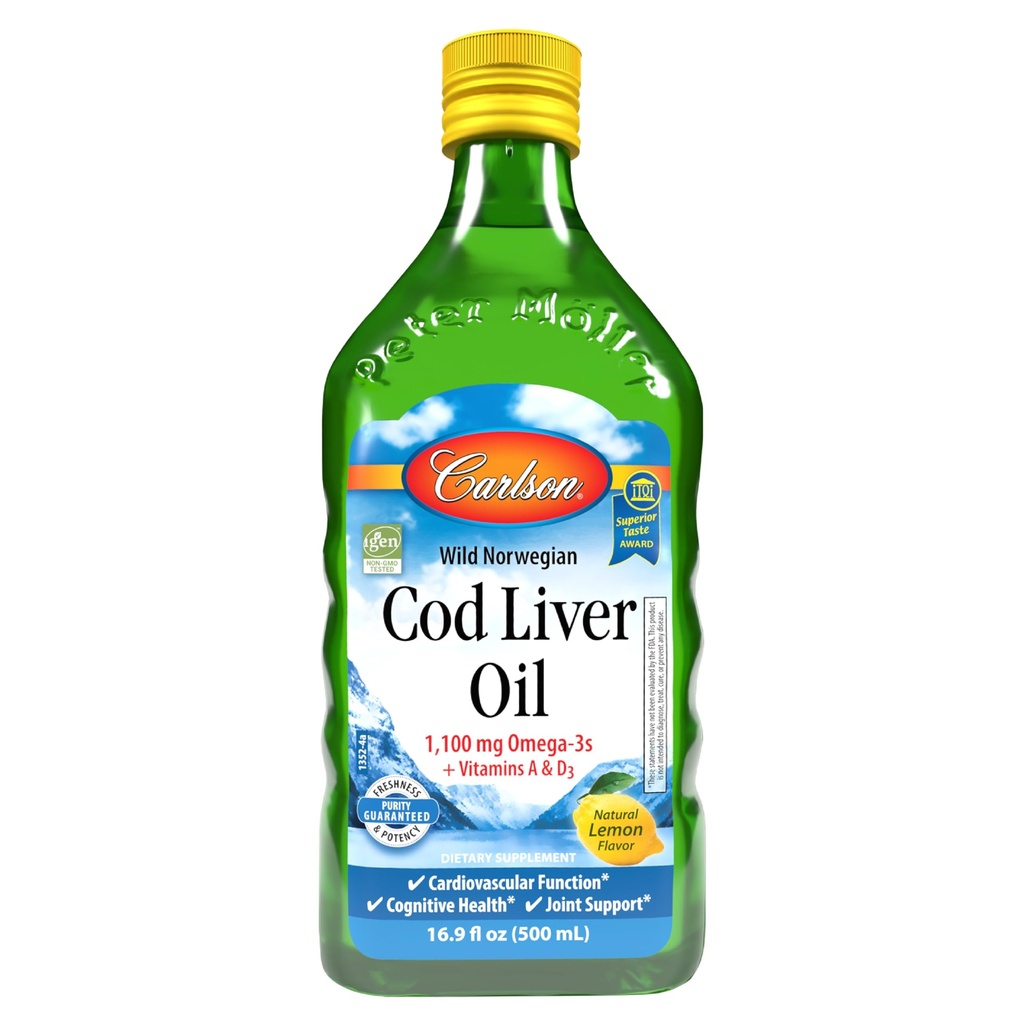 Carlson - Cod Liver Oil 1100 mg Omega-3s Plus Vitamini A & D3, Divji ujet norveški Arktika, trajnostno pridobljeno nordijsko ribje olje tekoče, limona, 500 ml (16,9 Fl Oz)