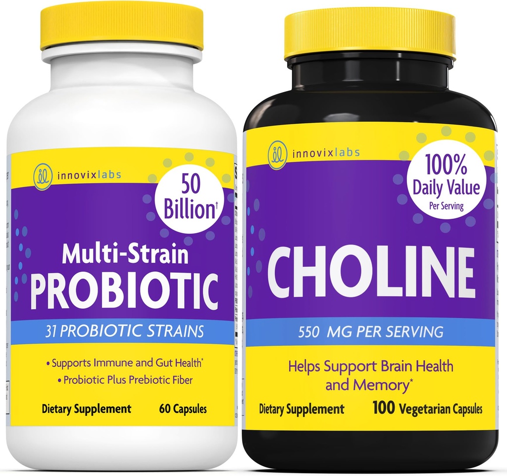 InnovixLabs Choline & Multi probiotic Bundle Choline Bitartrate 550 mg (100 kapsul) Multi sevi probiotiki (60 kapsul). Podpira spomin, razpoloženje, zdravje možganov in krepitev kognitivne.*