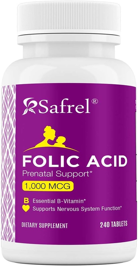 Safrel Folna kislina 1000 mcg (1 mg) - vitamin B9-240 tablete, Essential Prenatal in postnatal vitamin za razvoj ploda, proizvodnjo rdečih krvnih celic, celični in neuralni razvoj 