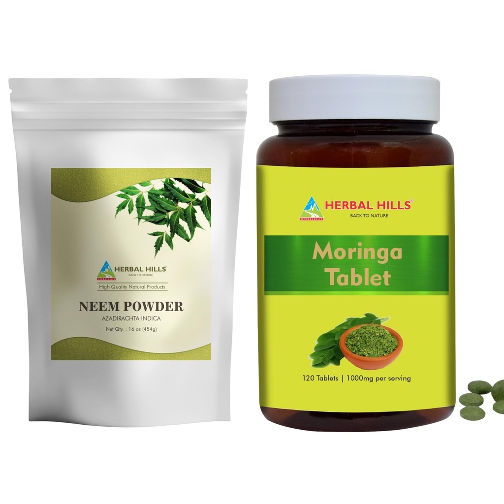 HERBAL HILLS Neem Leaf prašek in tablete Moringa Shigru paket z 2 Combo