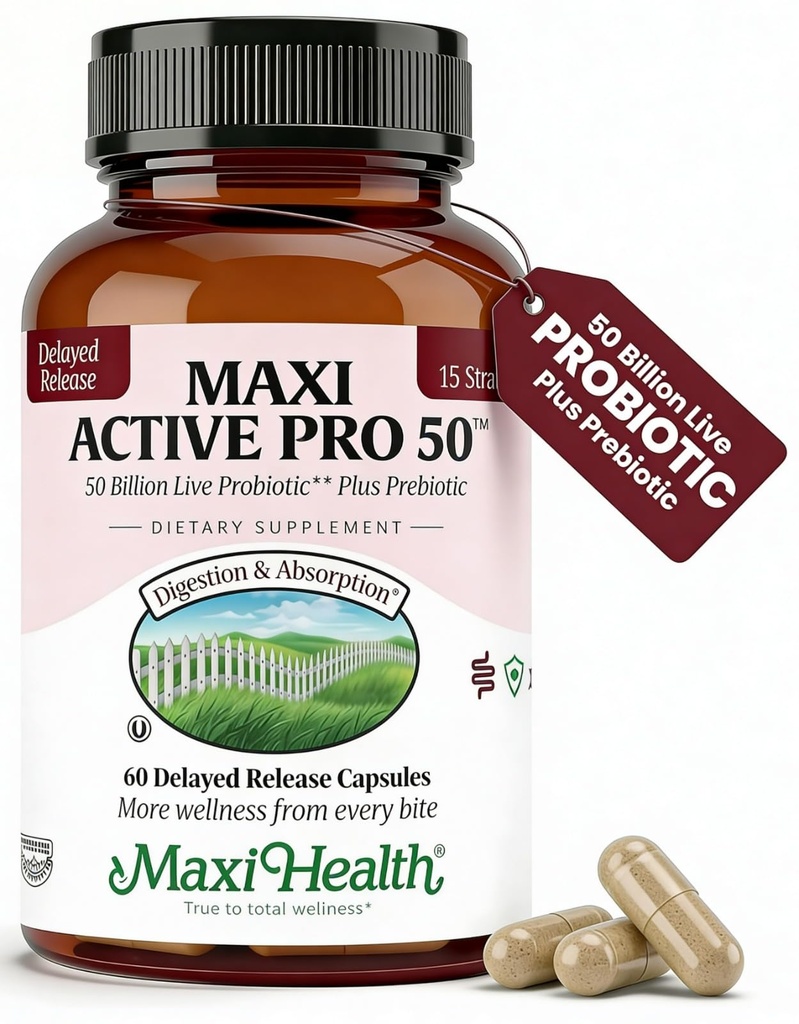 Maxi Health Probiotic Plus Ultimate Prebiotic Advanced Live Probiotics Formula - 50 Billion Live Active Probiotic - 15 Sevi - Ultra Pro-50-60 Count