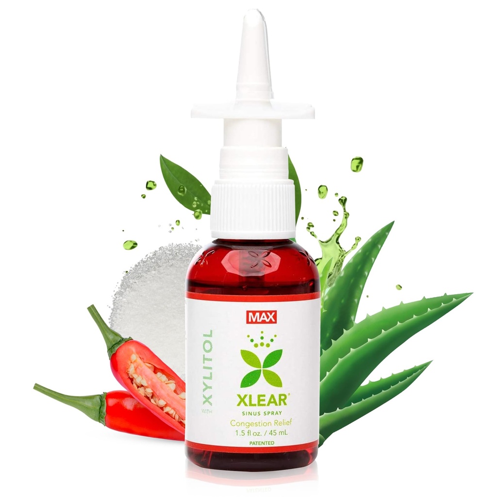 Xlear MAX Natural Xylitol Saline Nasal Spray s Capsicum in Aloe - hitro deluje za Sinus tlaka, Dekongestiv, Glavobol, Suh nos, 1,5 fl oz (Pack of 1)