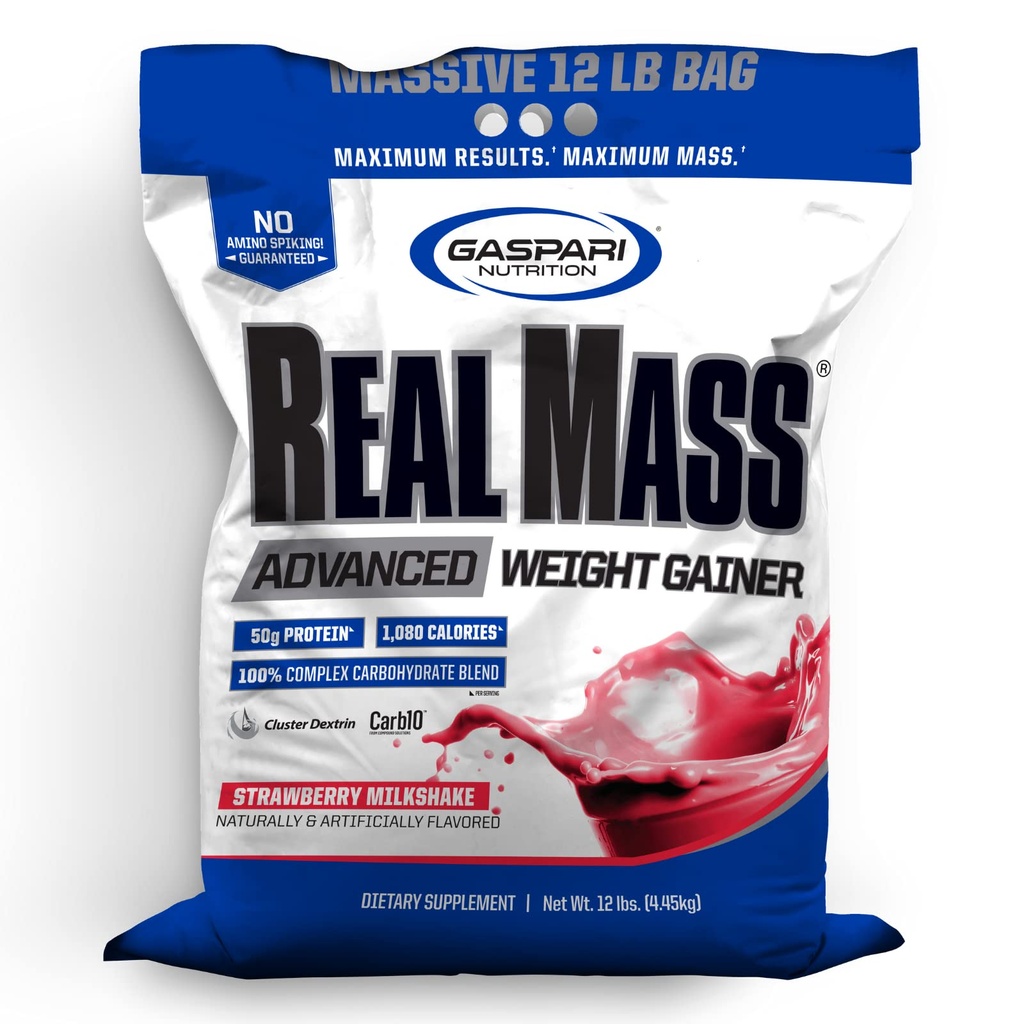 Gaspari Nutrition Real Mass: Advanced Hujšanje Gainer, Beljakovinska in kompleksna mešanica ogljikovih hidratov, 50g beljakovine, 16g EAAs, Gluten-free, 12 funtov (Strawberry Milkshake)