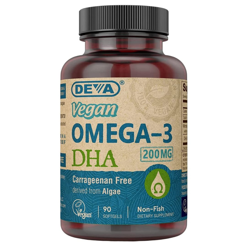 DEVA Vegan Omega-3 DHA dodatek, Softgel enkrat na dan 200 MG, Carragenan Free, želatina, neriba, Algae olje, Omega-3 maščobne kisline - 90 Softgels