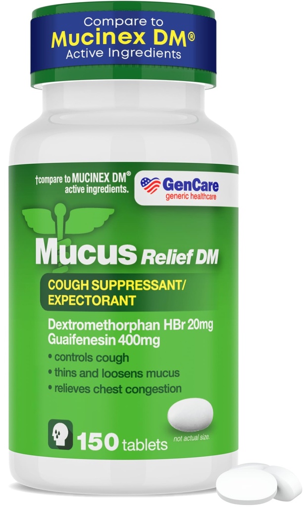 GenCare - Mucus Relief DM (150 Count vrednost steklenica) Dekstrometorfan HBr 20mg Guaifensin 400mg 