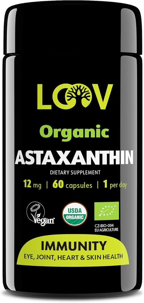 LOOV Natural Organic Astaksantin 12mg – 60-dnevna dobava – Max Jakost Antioksidant – Oči, Skupni, Koža, Imuniteta – iz Microalgae – Non-GMO, Vegan, Trajnostno