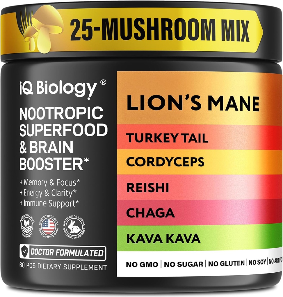 Kava Kava Root Cordyceps Lions Mane Reishi Goba dopolnilo, Nootropne gobe Kapsule Kava Kava ekstrakt, gobe Vitamini za ženske, Ashwagandha, Magnezij - 60 Caps (1 pakiranje)