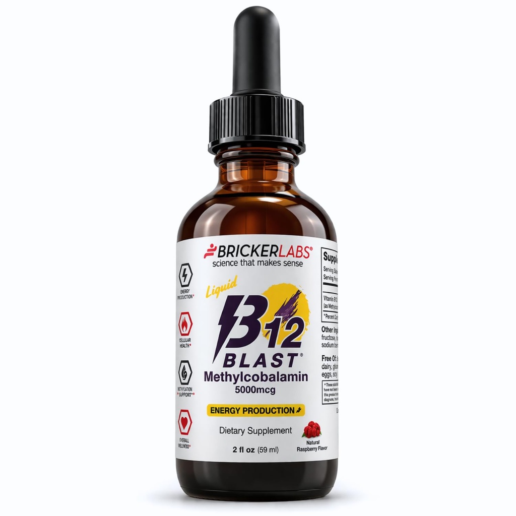 Bricker Labs B12 Blast Metilcobalamin 5000mcg, Velika degustacija podjezičnih vitaminov tekoče energije -Vegan B12 Vitamini, Trajna energija in celično zdravstveno dopolnilo - 59-dnevne storitve