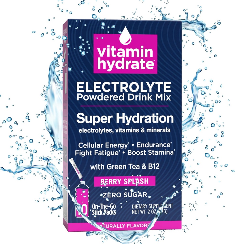 Vitamin Hydrate Elektrolit v prahu Mix, Super Hidracija, Boost Stamina & Boj utrujenost, Bursting z elektroliti, Vitamini in minerali, 0 Sladkor, Berry Splash, 10 Packs