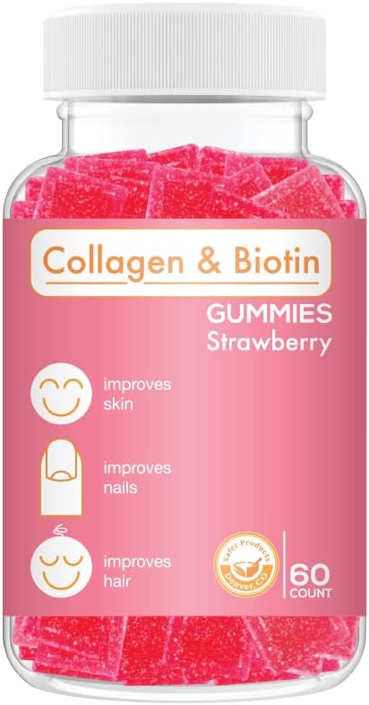 Kolagen Biotin Gumies - Podpira lase, kožo in nohte rast las proti staranju žvečljivi Gumi vitamini, Vegan, ne-GMO, Gluten brezplačno, želatina jagode aroma 60 Count, Pink