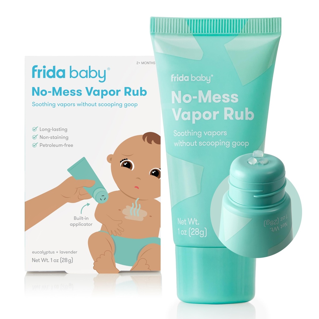 Frida Baby No-Mess Vapor Rub, Baby Vapor Drgnjenje za prsi, vratu, nazaj + noga, Nesrednja, Nafta-free, Roke-free Applicator Tube, Netrajen, Pomirjujoče Evkaliptus & Sivka za spanje