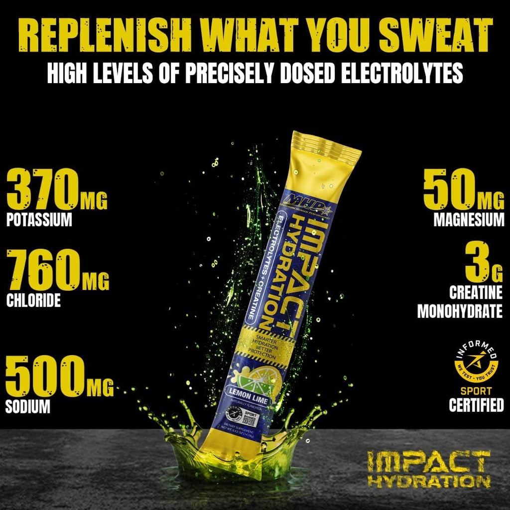 MHP Hydration Electrolyte Creatine Športni Drink Pack, Brez umetnih sladil ali barv, Uspešnost, Recovery, limona limona, 14 Število