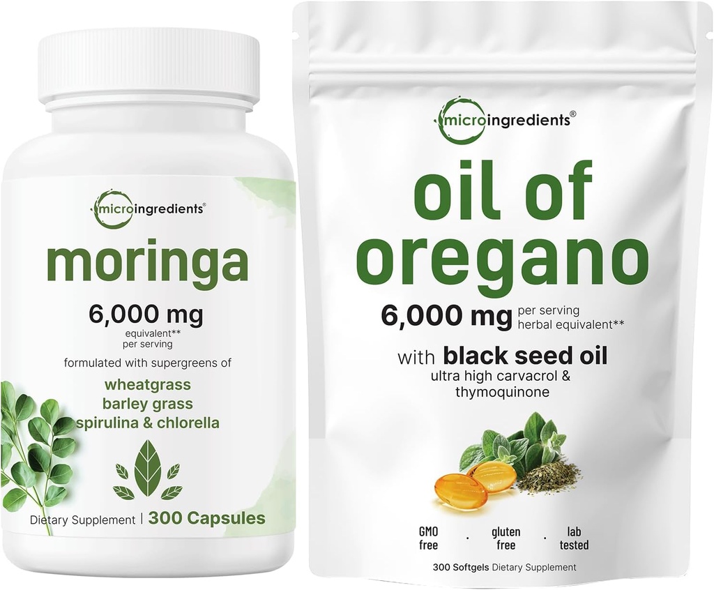 Mikro sestavine Olje origano softgels 300 Count & Moringa Oleifera 6.000mg Ekvivalentna 300 kapsul paket 2 Pakiranje 