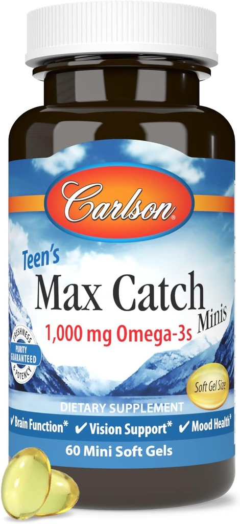 Carlson - Teen's Max Catch Minis, 1000 mg Omega-3s, zdravje možganov, podpora vidu, zdravje razpoloženja, 60 Softgels