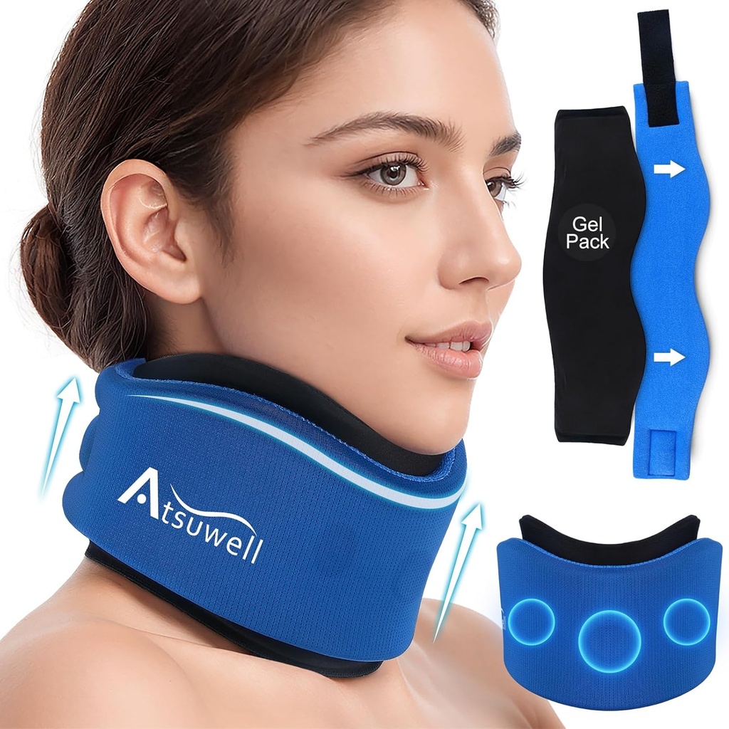 Atsuwell Neck Brack za spanje, Soft Cervical ovratnik za podporo, Nastavljiv Neck podporo Brace z vroče hladno gel paketi, ki se lahko ponovno uporablja za tlak v pisarni, utrujenost, modra