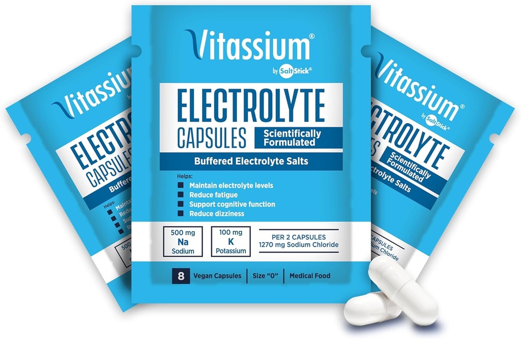 Vitassijeve kapsule, elektroliti za dietno upravljanje simptomov sindroma POTS (500 mg natrija - 100 mg kalija), 240 kapsule puferirane soli