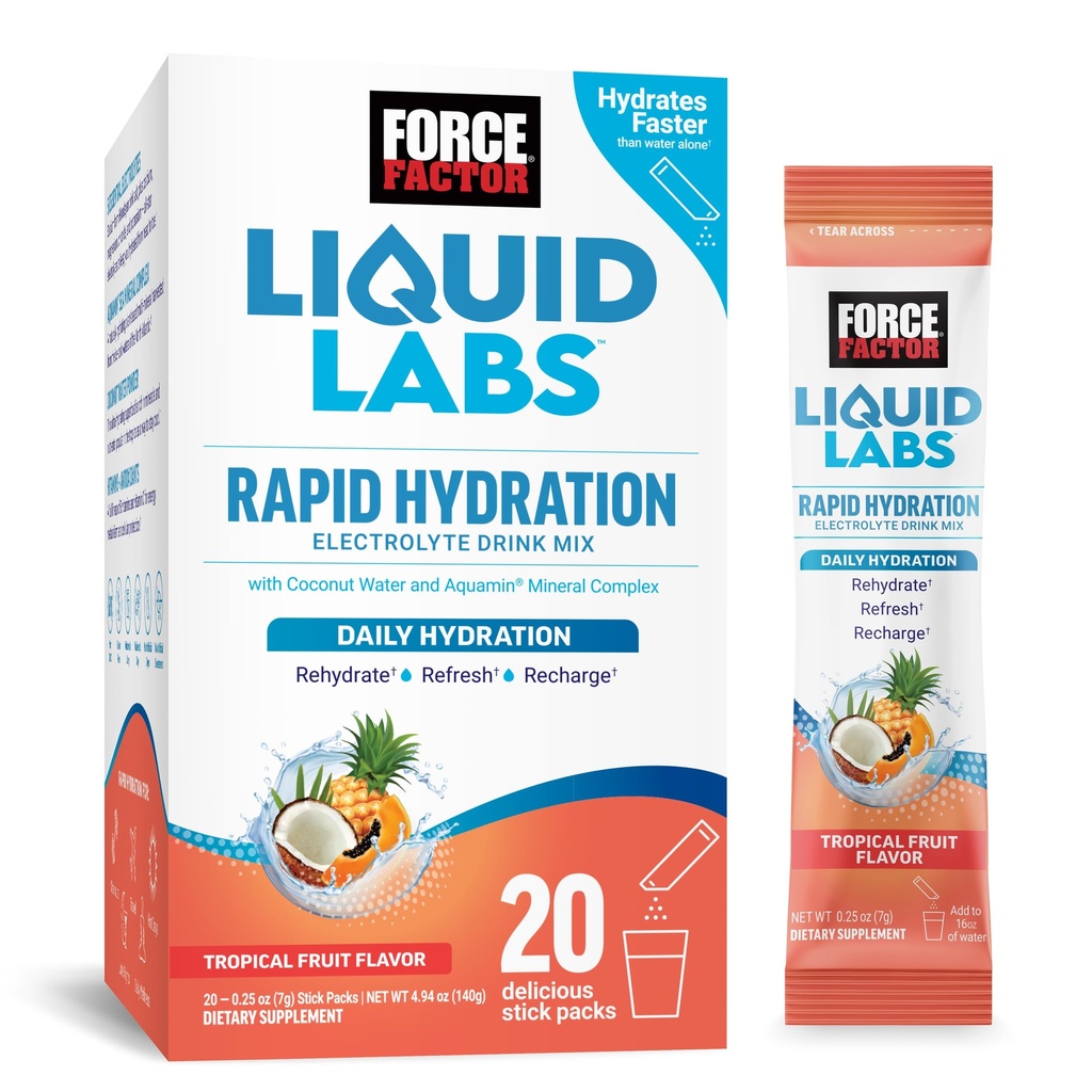 FORCE FAKTOR Tekoči laboratoriji Elektroliti Powder Packets – tropično sadje – Hydration Packets za izdelavo elektrolitske vode, s 5 Essential Elektrolitis, Vitamini, Minerali in antioksidanti, 20 Packs