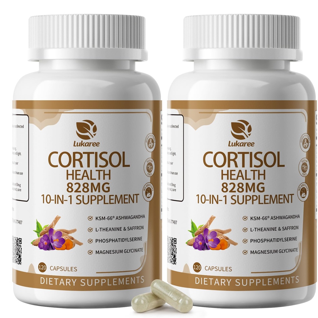 10-IN-1 Kortizol dodatki z magnezijem, Ashwagandha, kamilica, L-teanin, fosfatidilserin, šentjanževka, Astragalus, vitamin C in D3, za ženske, 240 Veganske kapsule za 4 mesece, ne-GMO