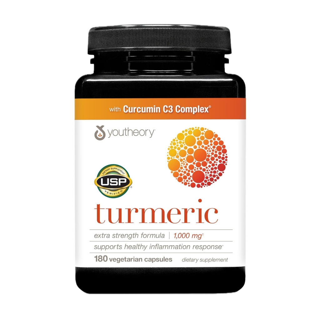 Youtheory Turmeric Extra Jakost - 1.000 mg Turmeric dodatek - z 10 mg črni poper - kurkumin skupna podpora* - Soja, Dairy & Gluten Free - 180 Vegetarijanske kapsule