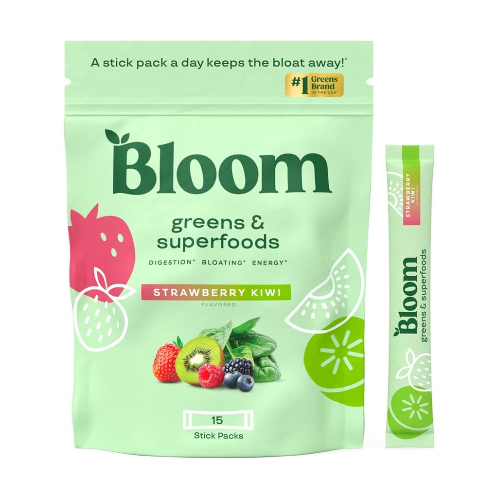 Bloom Nutrition Superfood Greens Powder, Prebavne encime s probiotiki in prebiotiki, Gut Health, Bloating Relief za ženske, Klorella, Green Juice Mix w Pese Root Powder, 60 SVG, Jagodna Kiwi