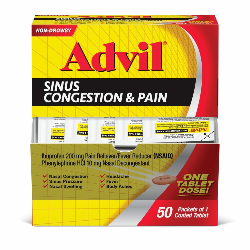 Advil Sinus Congestion and Pain, Sinus Relief Medicine, Bolečina Reliever in Reduciranje zvišane telesne temperature z Ibuprofen in Phylephrine HCl - 50 Obložene tablete