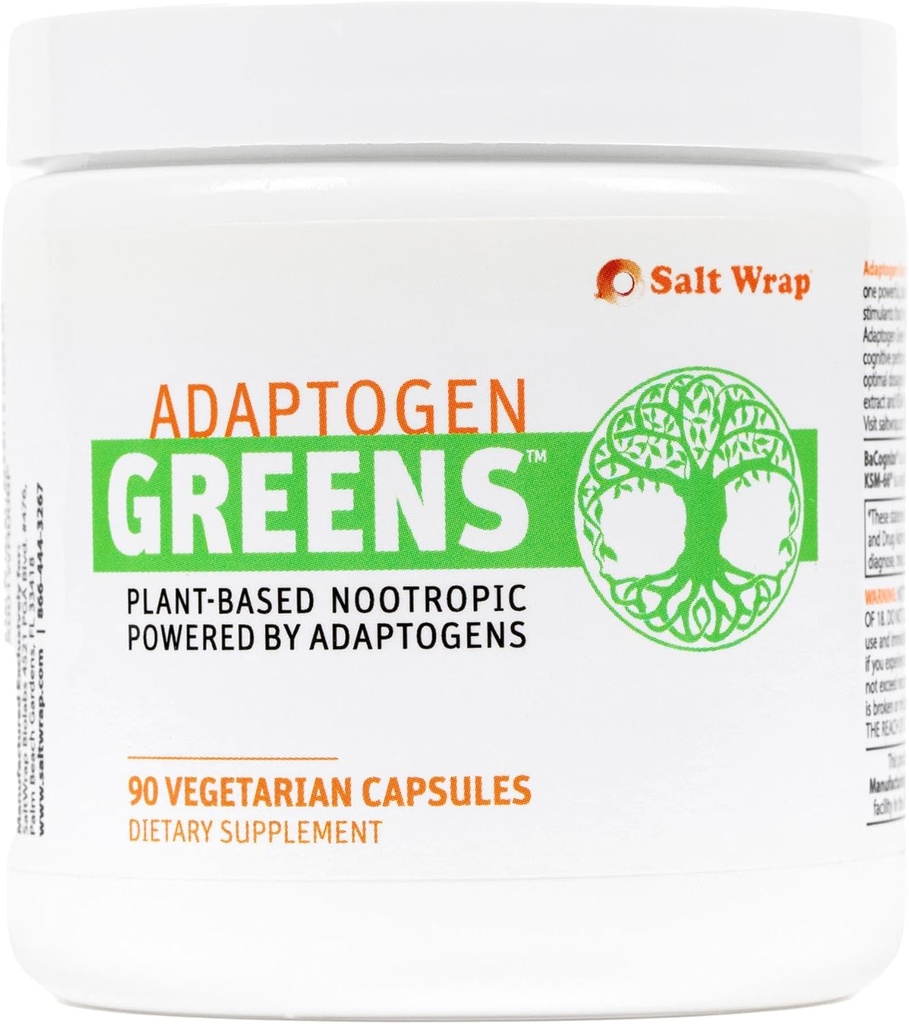 SaltWrap Adaptogen Greens - Mind-Body Resilience Formula - Kofein-free Nootropic za stres, fokus in kognitivno zmogljivost - 90 kapsul