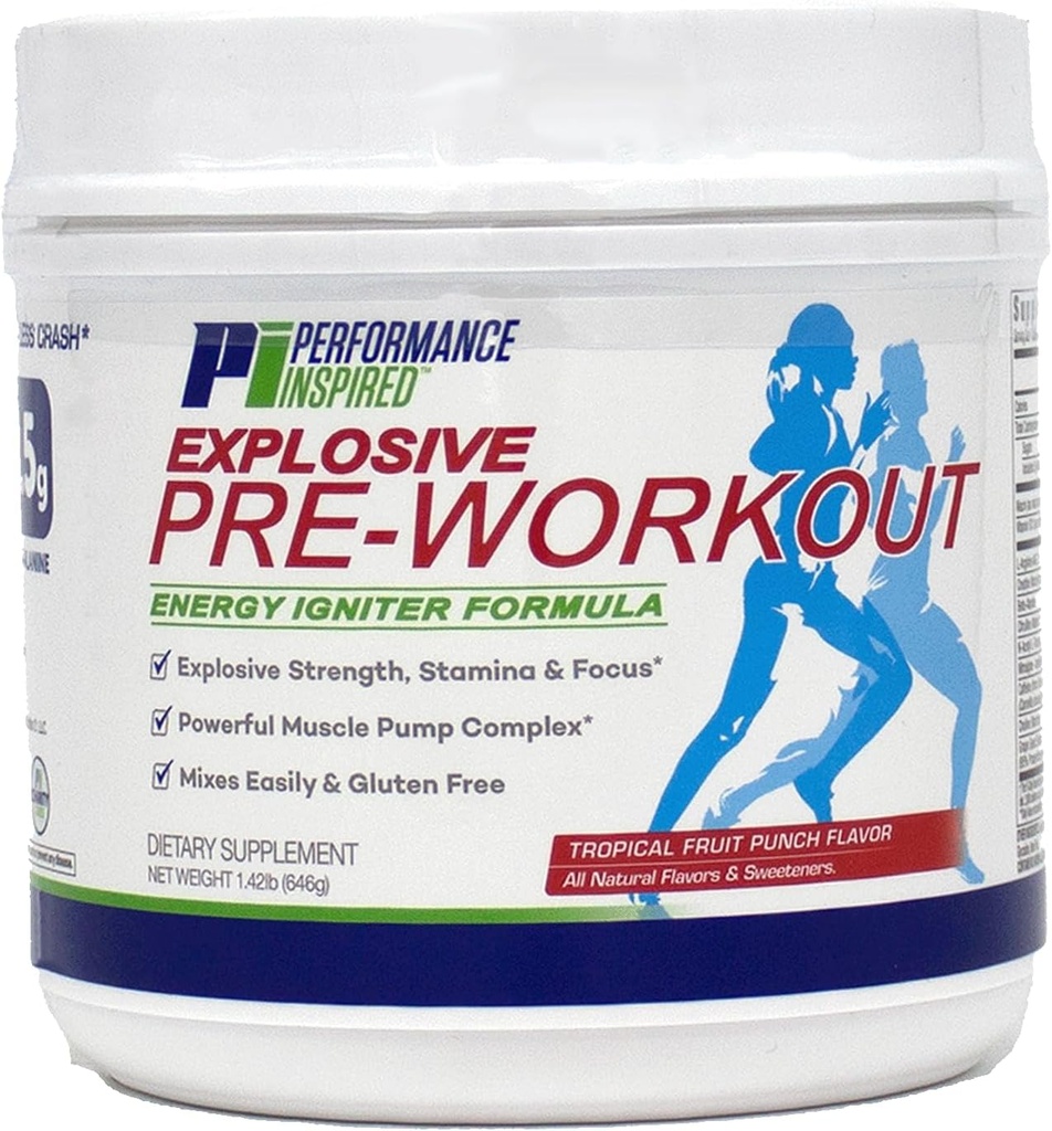 Performance Inspired Nutrition PreWorkout Powder - All Natural - G-Free & Vegan Formula - Vsebuje citrulin - Nitrosigin - Zeleni čaj - Arginin - Beta Alanin - Tropical Fruit Punch - 32 Servingov