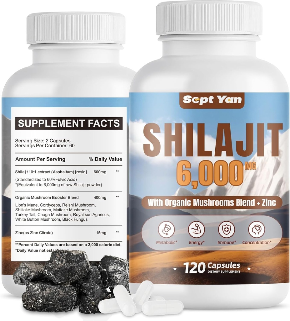 Shilajit Himalajski kapsule - Pure Himalajski organski dodatek z gobami Mešanica, cink - 2 meseca zaloge za moč, Stamina, Brain & Immune Health - Shilajit za ženske & moške 120 grof Vegan