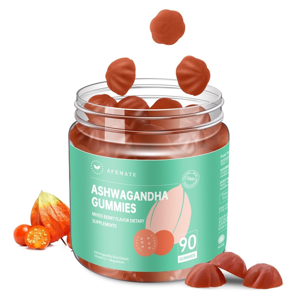 AFXMATE Ashwagandha Gumies za ženske brez sladkorja, Ashwagandha dodatek Gummy z Magnezij Vegan (90 grofov)