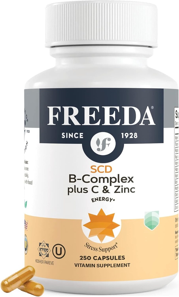 FreeDA Complete B Complex z vitaminom C & cink – SCD Legal Vitamin B Complex (B1, B2, B3, B6, B12) – 250 Vegetarijanske kapsule, primerna za vse, vključno s SCD diet spremljevalci, Dnevna zdravstvena podpora