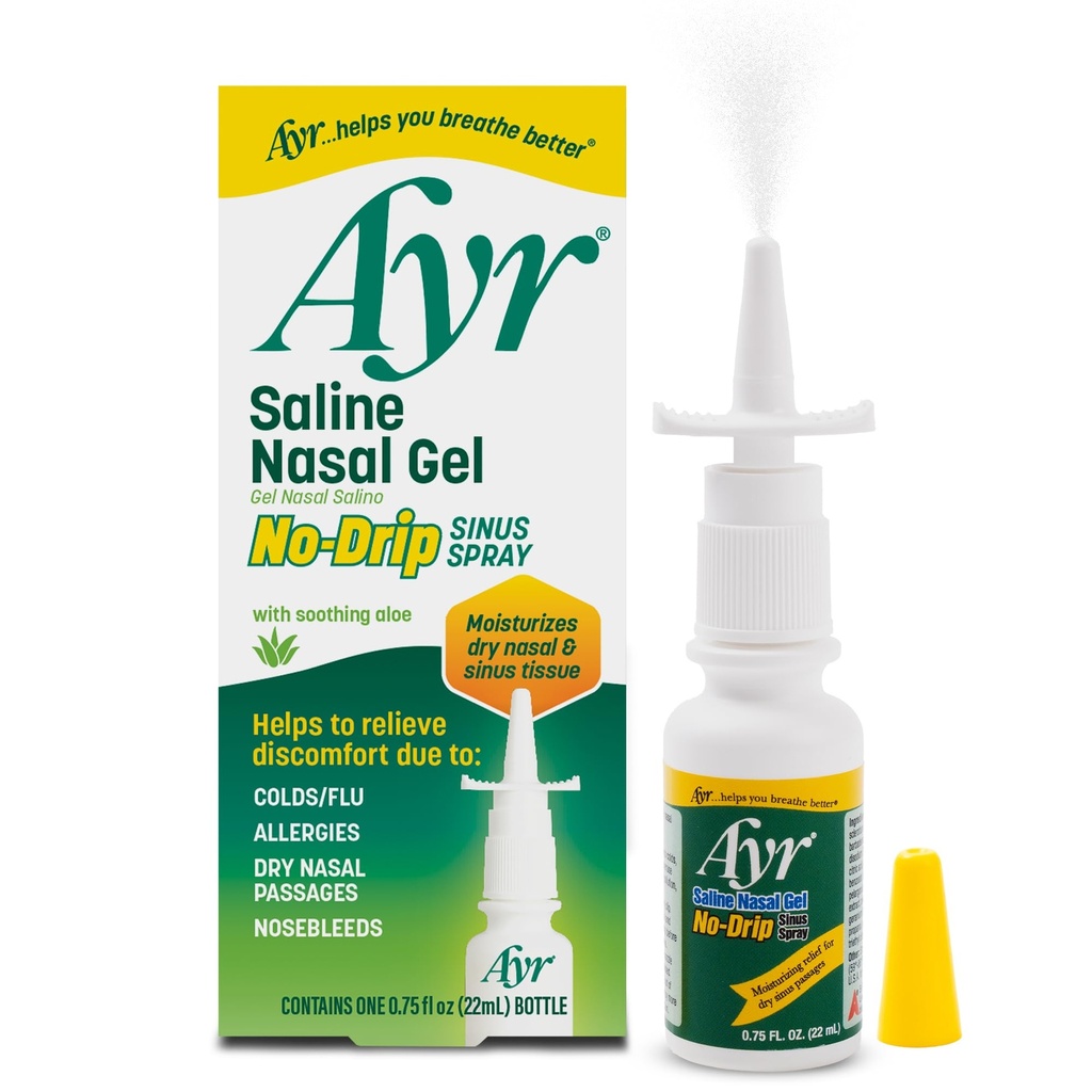 Ayr Saline Nasal Gel No-drip Sinus Spray z blažilno Aloe Vera, 0,75 Fl Oz Spray Steklenica, (paket po 1)