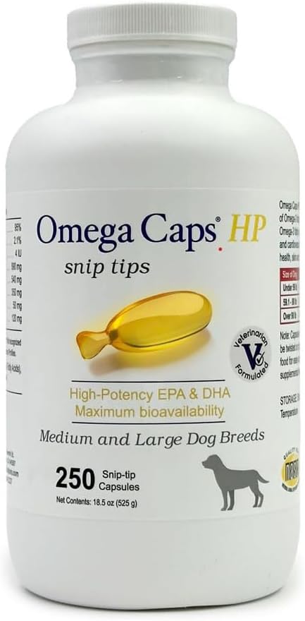 Omega Caps HP Snip Nasveti za srednje velike in velike pse visoka jakost EPA in DHA Največja biološka uporabnost ribje olje dodatek vet Oblikovano v ZDA Skin Coat Joint and Heart Health 250 Kapsule