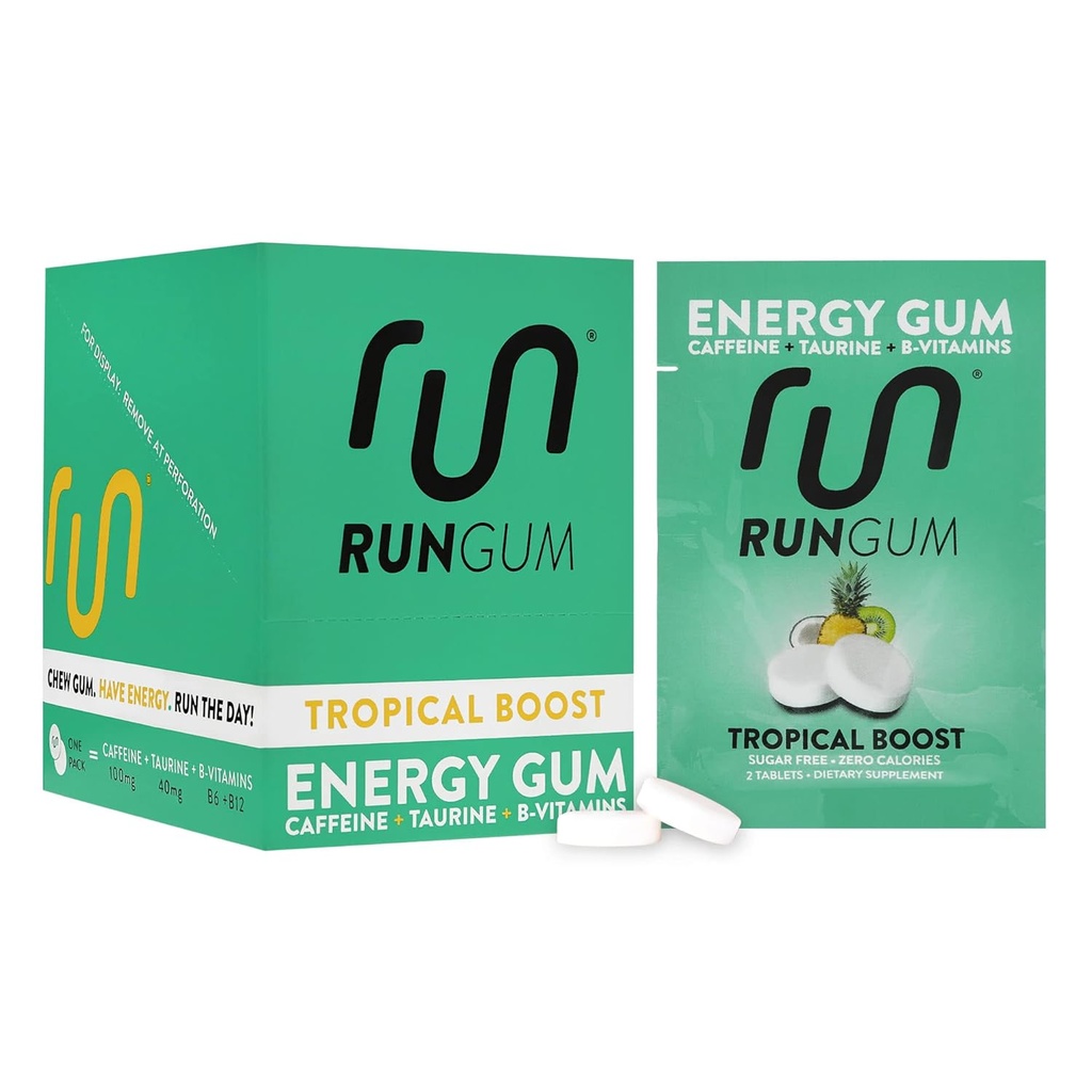 RUN GUM Tropical Boost Energy Chewing Gum 50mg Kofein Tavrin in B-vitamini na kos, 24 kosov (Pack of 12) Sladkor brez sladkorja, Zero Calorie, No Aspartam, in Gluten Free, 1 ea