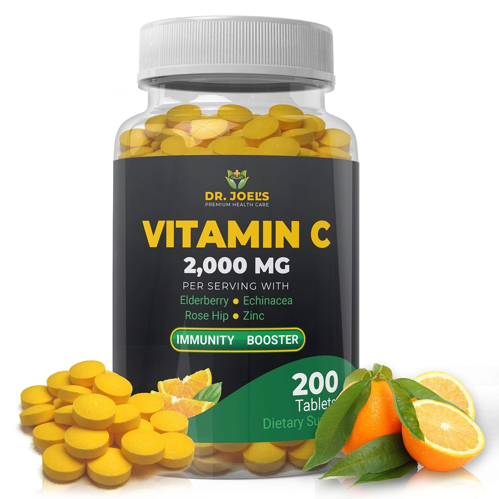 Imunska podpora Dr. JOEL-a Vitamin C 2000 mg - 200 tablet - z cinkom, Bezgovo jagodo, Rose Hip, Echinacea - Boosts Immune System - Izdelano v ZDA