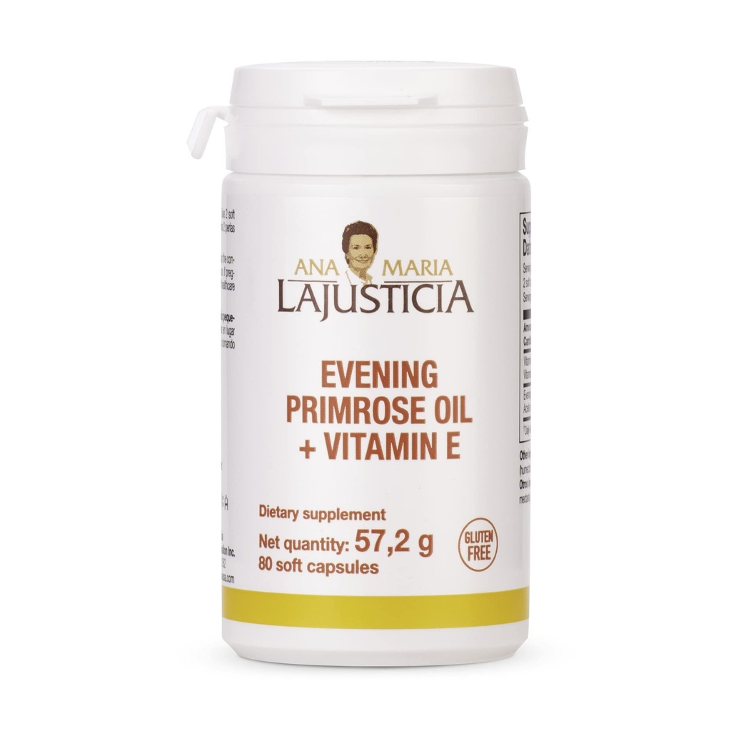 Ana Maria Lajusticia - Evening Primerosa Oil + Vitamin E - 80 Mehkih kapsul Pack -1000mg. Gluten brez, laktoza brez sladkorja in sladkorja. Vse naravne.
