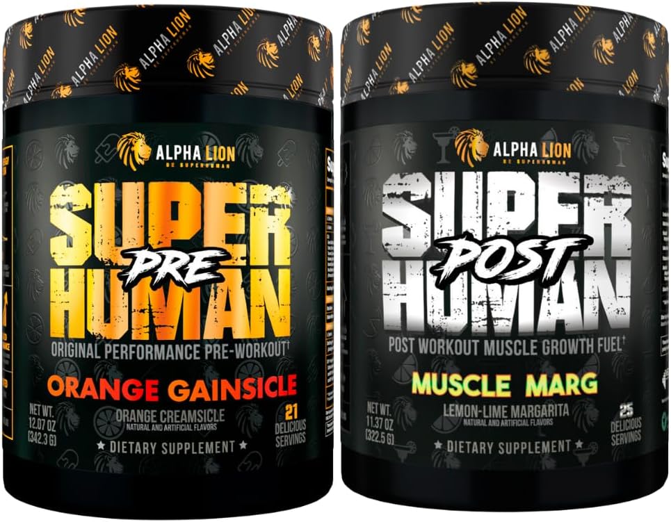 ALPHA LION Superhuman Pred vadbo Powder & Post Wordout recovery Bundele, Trajna energija & Fokus + Lean Mišična rast, moč in volumen (Hulk Juice & Gainy Smith Apple)