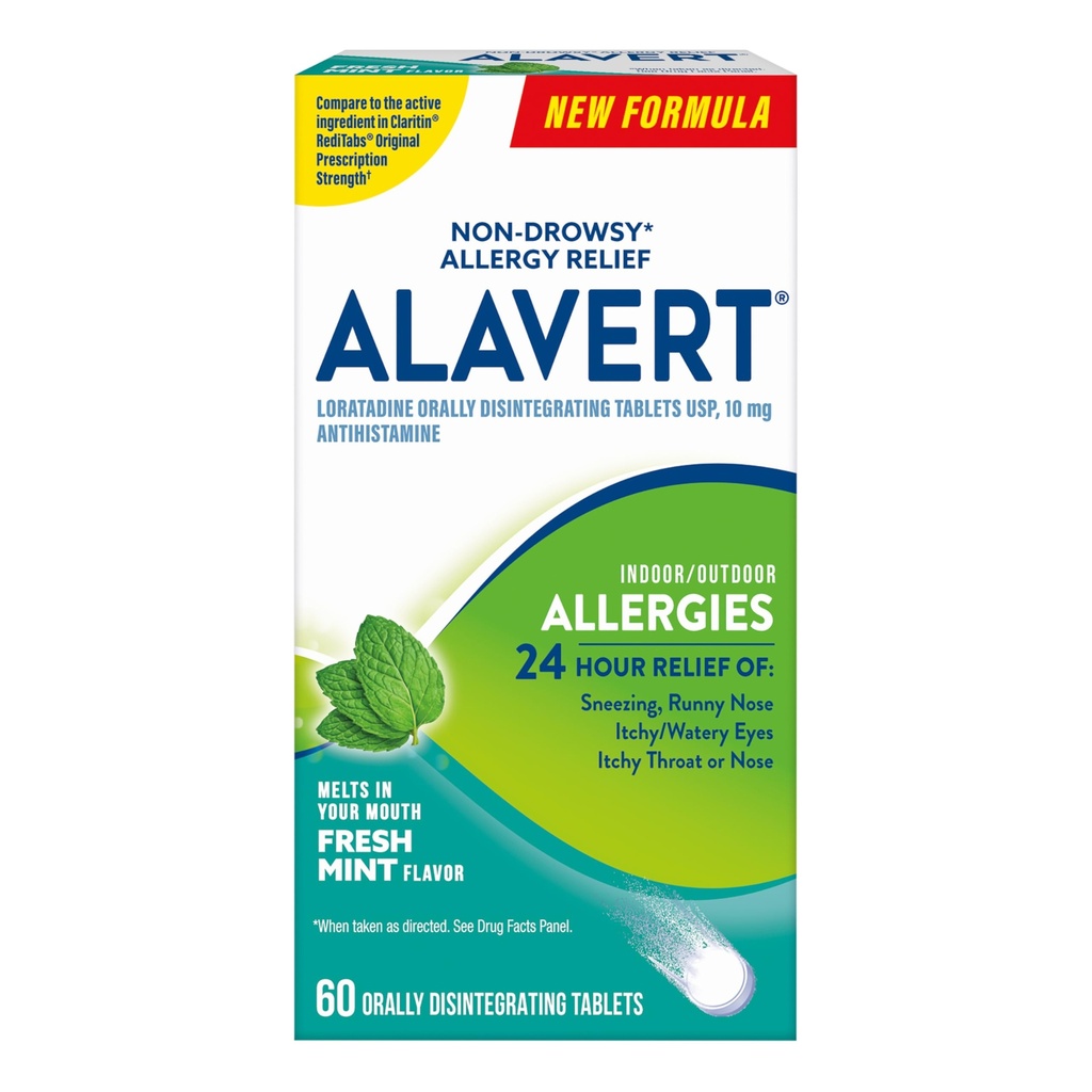 Alavertska alergija 24 urna relief, svež okus mete, oralno dezintegrirane tablete alergije, antihistaminik, loratadin 10 mg, 60 število