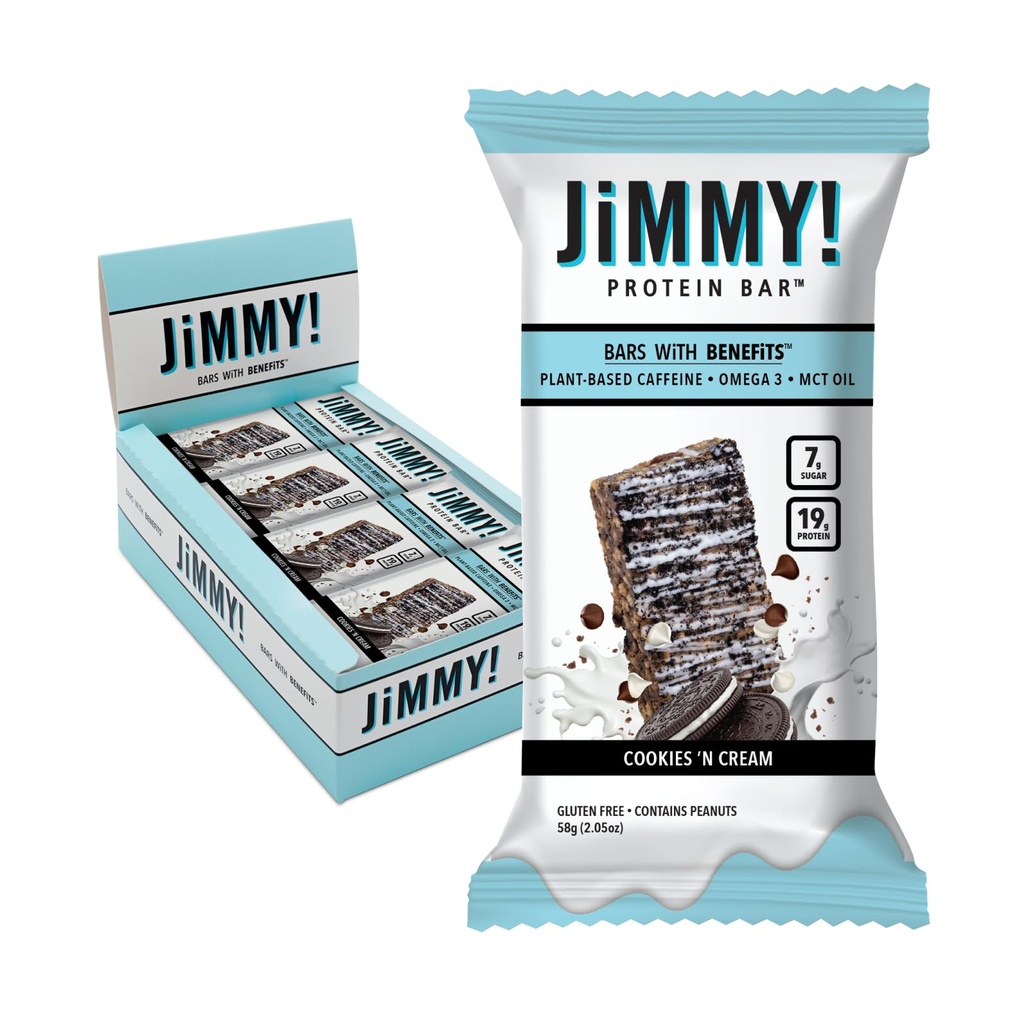 JiMMYBAR! - Piškotki N Cream Protein Bar 19g Protein Bar - 7g Nizki sladkor - 12 Count - 58g Zdravilne čokoladice - Funkcionalni prigrizek s pravimi živilskimi sestavinami - ročno sušena čokolada - izdelana s pravimi arašidi